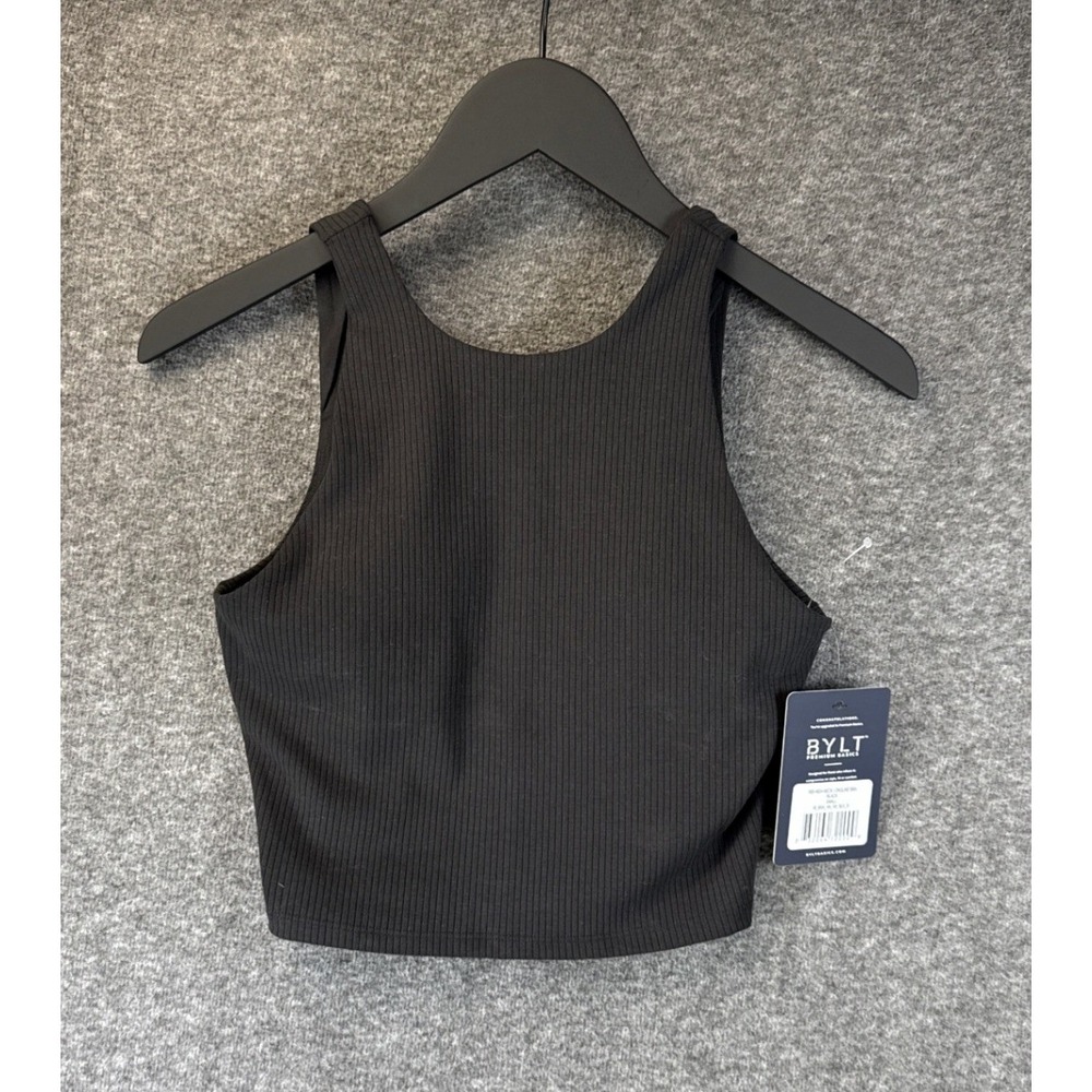 NWT BYLT Rib High Neck Longline Bra Size S Black Ribbed Sports Top‎ Padded Girly